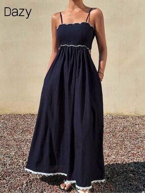 Dazy Navy Scallop-Trim Maxi Dress
